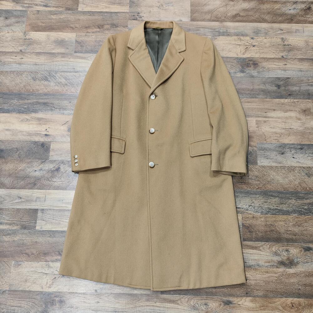 Vtg Adams Row Coat Mens 40 Beige Wool Overcoat Single Breasted Long USA 80s
